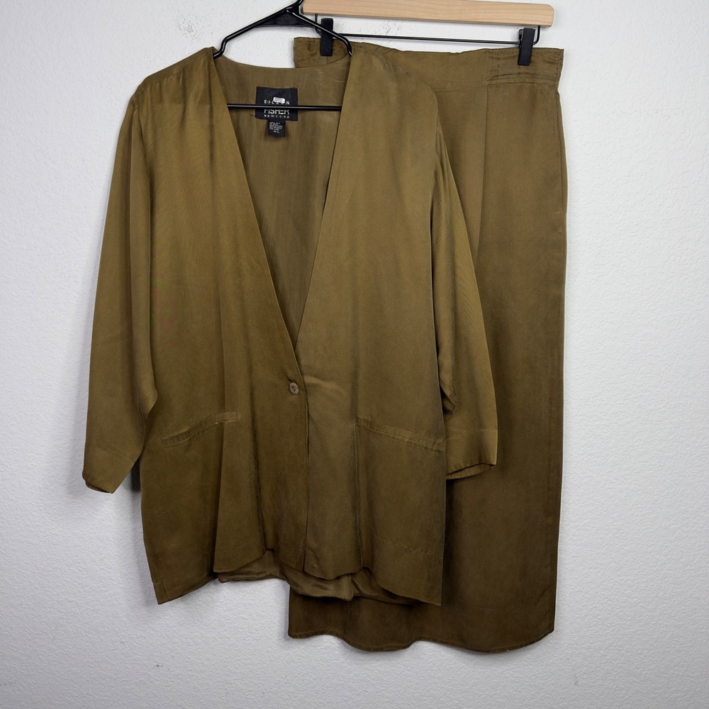 Eileen Fisher Vintage Silk 2PC Skirt Suit Set M/L Green Lagonlook Minimalist